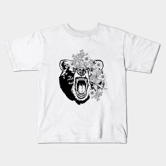 Fierce Roaring Bear with Flowers in Hair Kids T-Shirt by Joyce Mayer